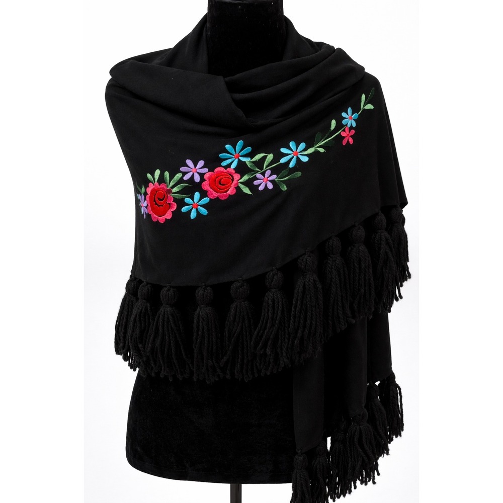 Vintage‎ Womens Wrap One Size Black Multicolor Embroidered Floral Print Fringe